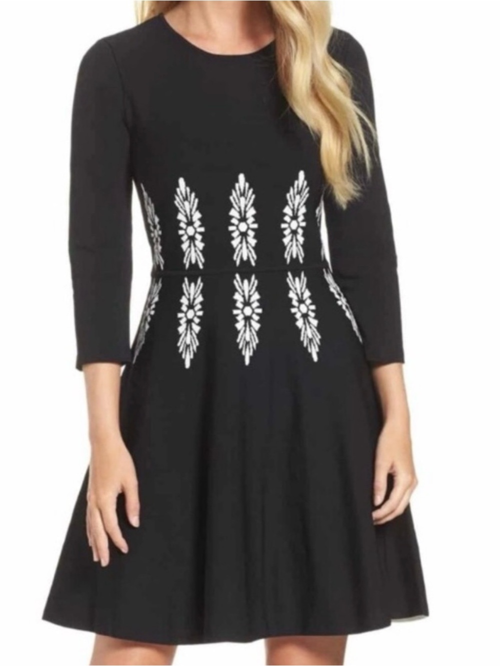 Eliza J Black Sweater Dress 3/4 Sleeves Fit & Flare White Geometric Print NWT